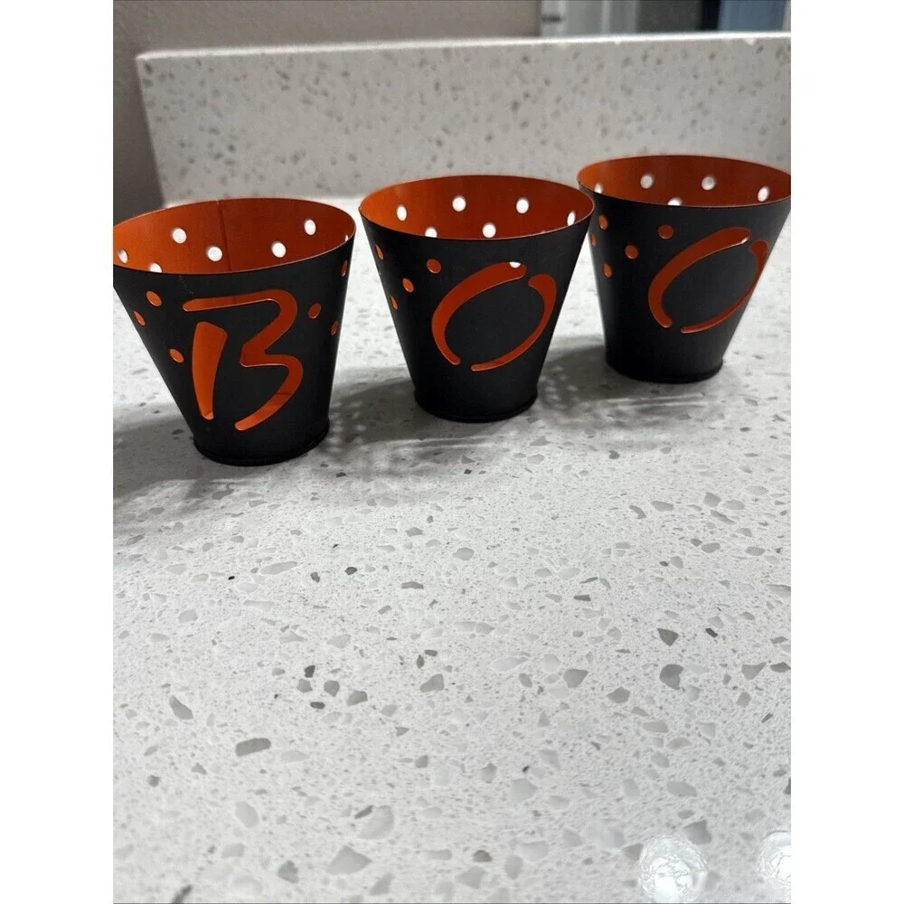Hallmark Halloween BOO Metal Cutout‎ Candle Holders Tealight Votive Black Orange